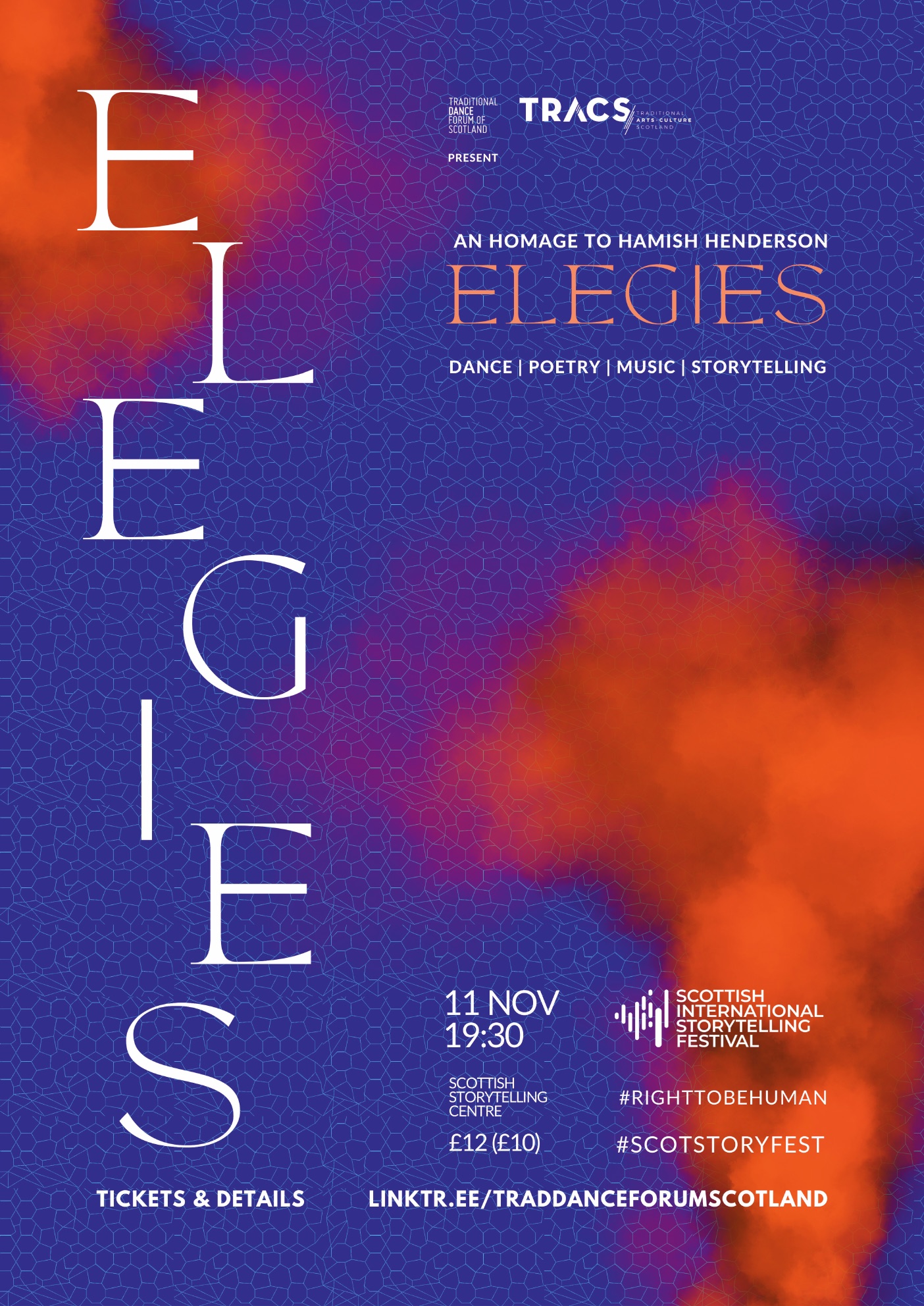 Blue and orange Elegies poster for the Scottish International Storytelling Festival