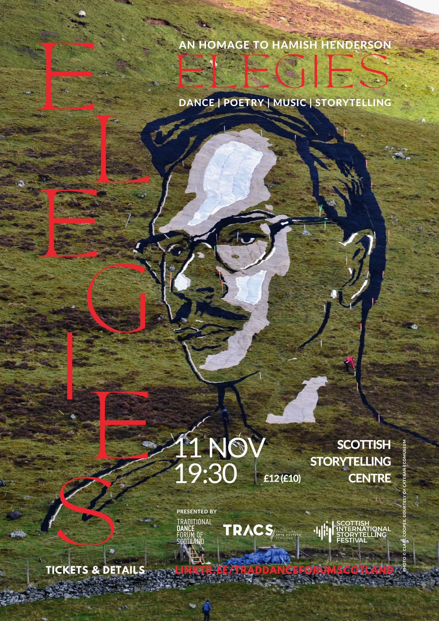 Portrait-format Elegies poster featuring a large portrait woven into a Scottish hillside