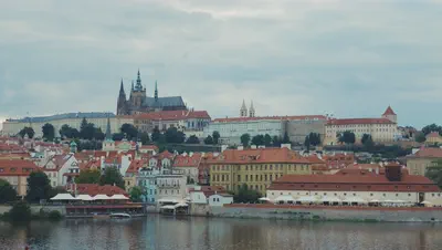 Prague Castle, red roofs, and the Vltava River in the Czech Republic