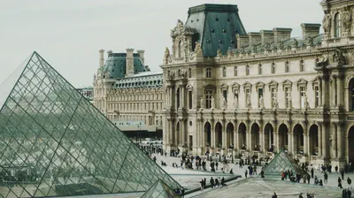 The Louvre Pyramid and palace in Paris, France