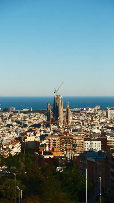 The Sagrada Familia above the Barcelona skyline in Spain
