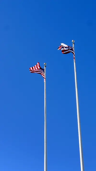 United States flags against a blue sky