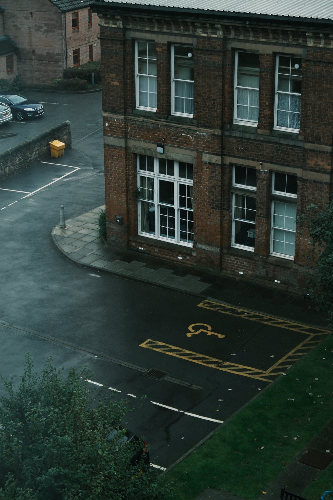 Brick building in rain